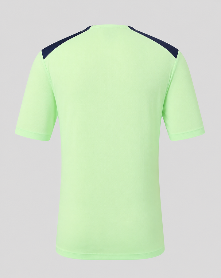 Back view of neon lime green performance short sleeve tee with navy shoulder panels