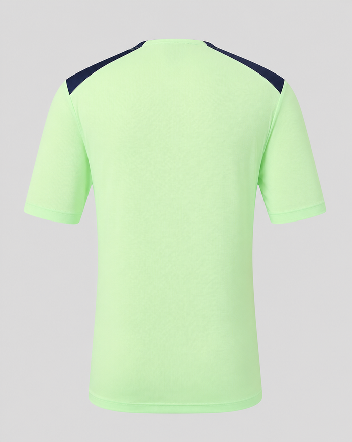 Back view of neon lime green performance short sleeve tee with navy shoulder panels