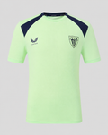 Front view of neon green athletic tee featuring navy shoulder panels and crest logos