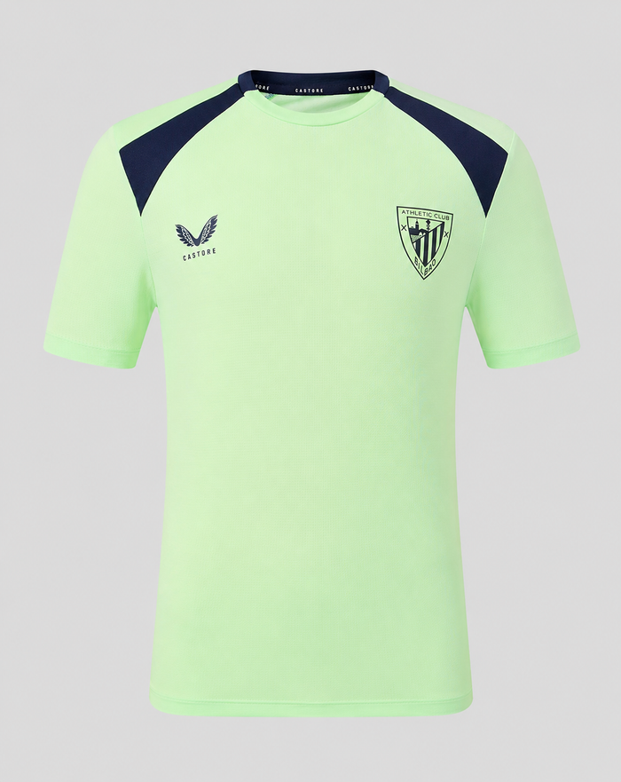 Front view of neon green athletic tee featuring navy shoulder panels and crest logos