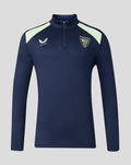Navy performance midlayer top with mint shoulder panels and stand collar front view