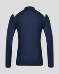 Back view of navy performance midlayer top with pale lime shoulder panels.