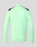Back view of mint green men's performance midlayer top with navy shoulder panels