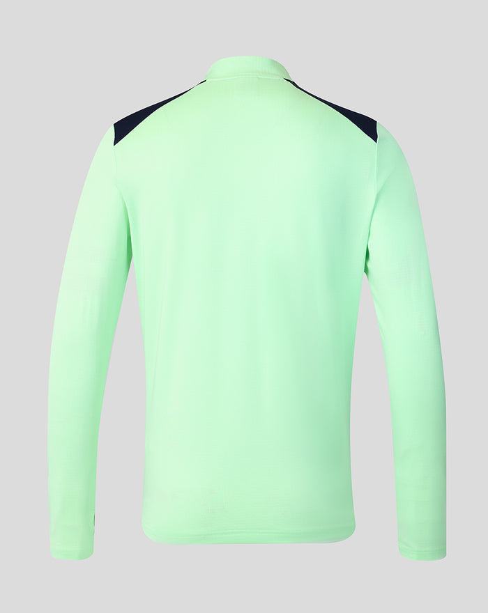 Back view of mint green men's performance midlayer top with navy shoulder panels