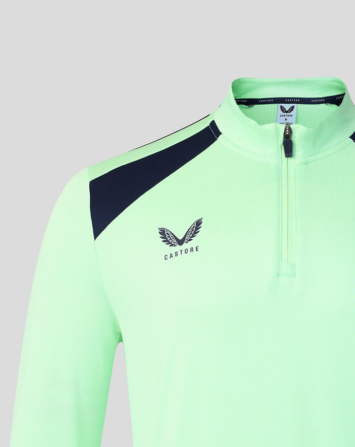 Mint green midlayer top showing navy shoulder stripe and zip collar with crest logo on the chest
