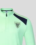 Mint green men's performance midlayer top with zip collar navy shoulder panel and crest logo