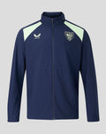 Front view of navy performance packable hood shower jacket with mint shoulder panels and crest badge