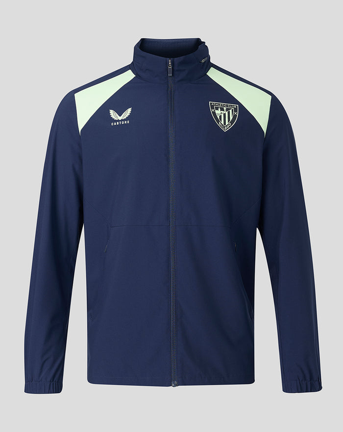 Front view of navy performance packable hood shower jacket with mint shoulder panels and crest badge