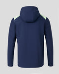 Back view of navy packable hooded shower jacket with mint shoulder panels and attached hood