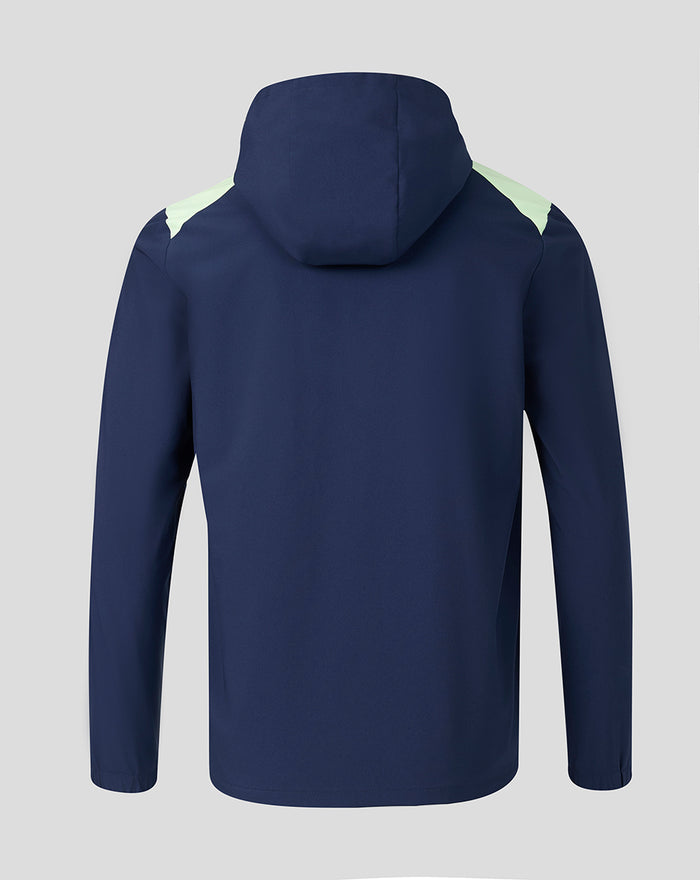 Back view of navy packable hooded shower jacket with mint shoulder panels and attached hood