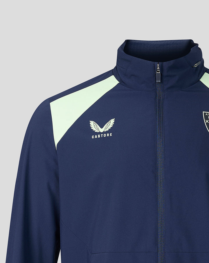 Navy performance packable hooded shower jacket with pale lime shoulder panels and Castore logo on the chest beside the Athletic Club Bilbao crest.