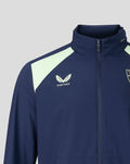 Navy performance packable hooded shower jacket with pale lime shoulder panels and Castore logo on the chest beside the Athletic Club Bilbao crest.