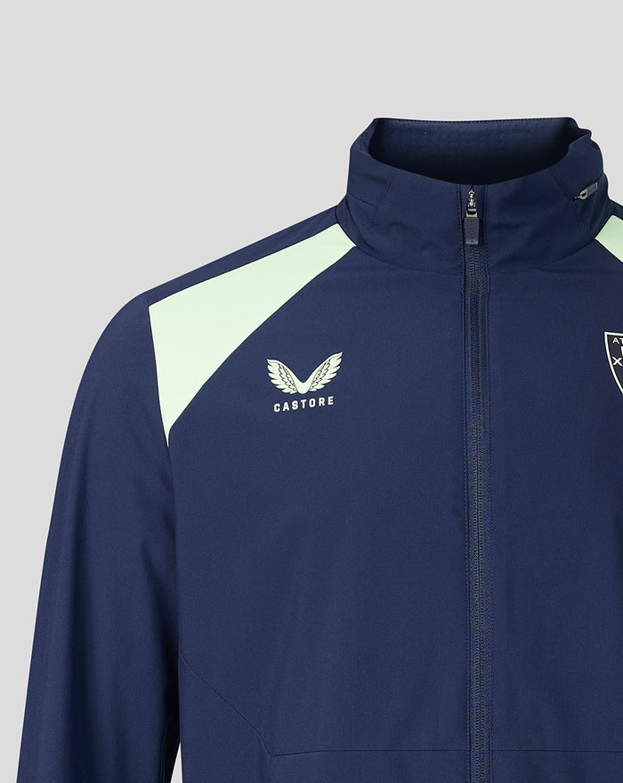 Navy performance packable hooded shower jacket with pale lime shoulder panels and Castore logo on the chest beside the Athletic Club Bilbao crest.