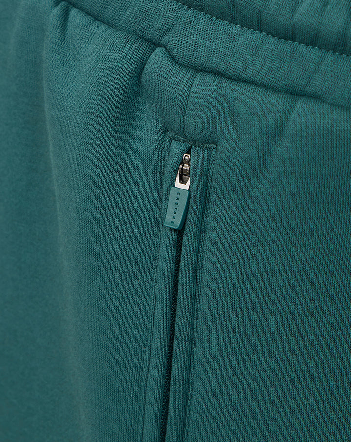 Close up of teal fleece fabric showing a vertical zip pocket and teal zipper pull