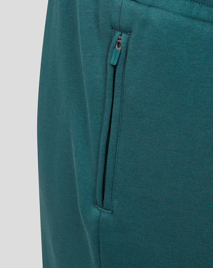 Close-up of teal zip pocket with branded zipper pull on the joggers