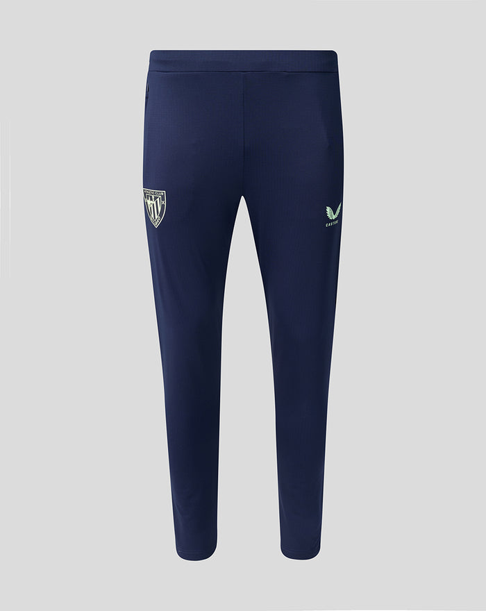 Front view of navy performance pants with pockets and an Athletic Club Bilbao crest on the left leg.