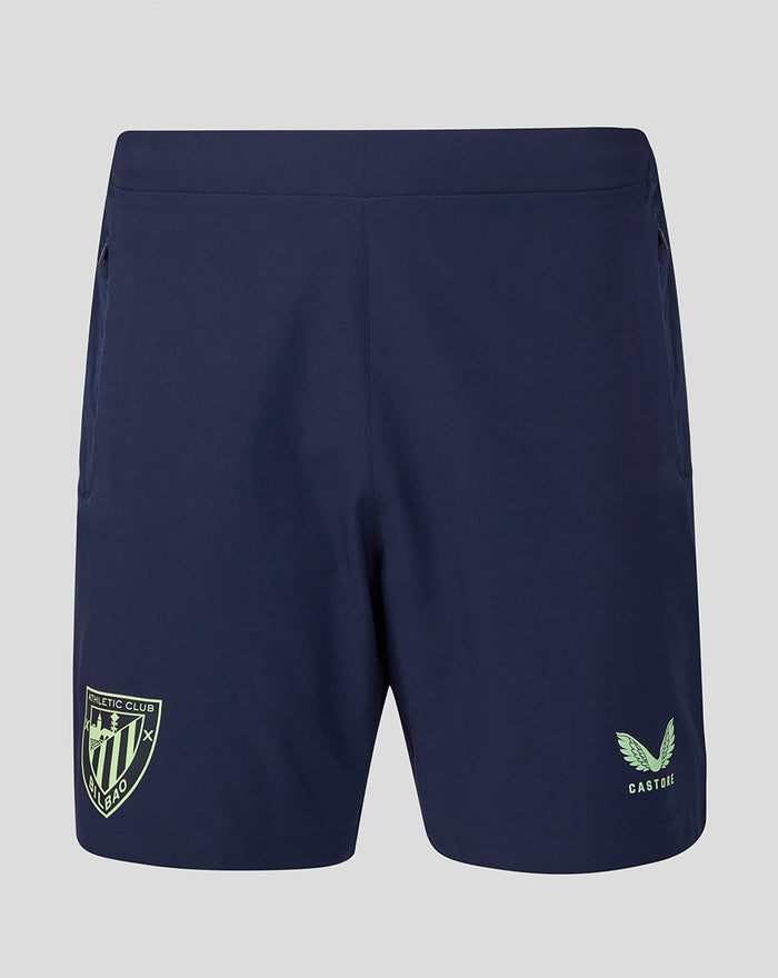 Junior navy performance shorts with pockets; Bilbao crest on left leg and Castore logo on right leg