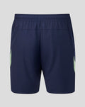 Back view of navy performance shorts with a neon lime side panel and elastic waistband
