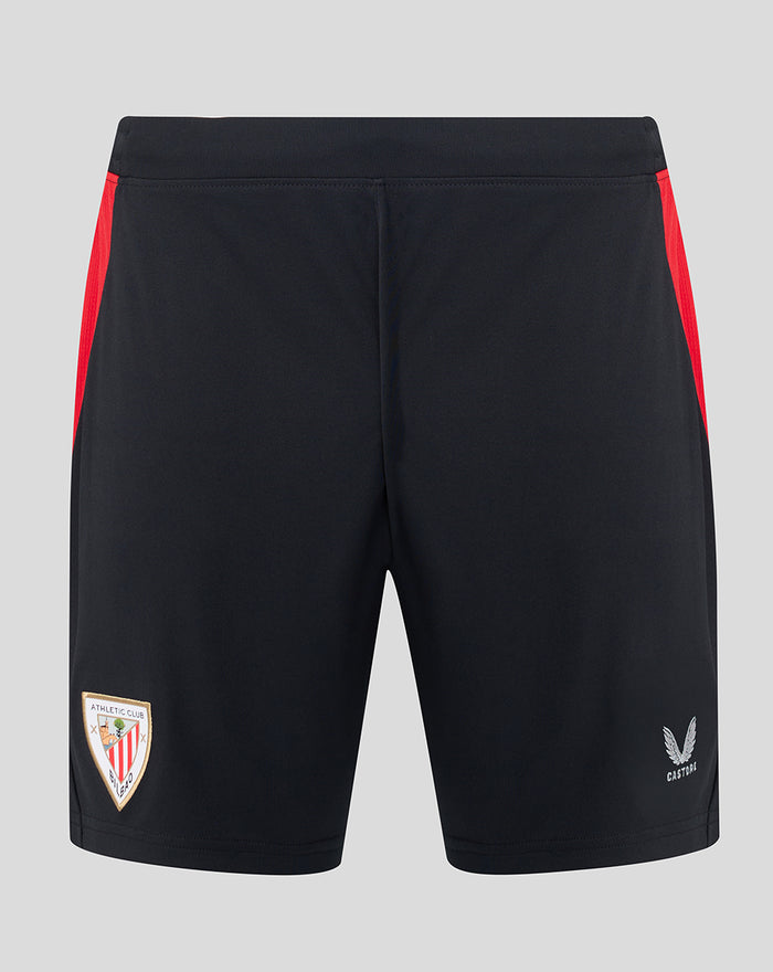 Back view of navy Junior Home Shorts with red side panels and elastic waistband.
