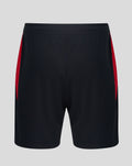 Back view of black Home shorts with red side panels and a small Castore logo at the hem.