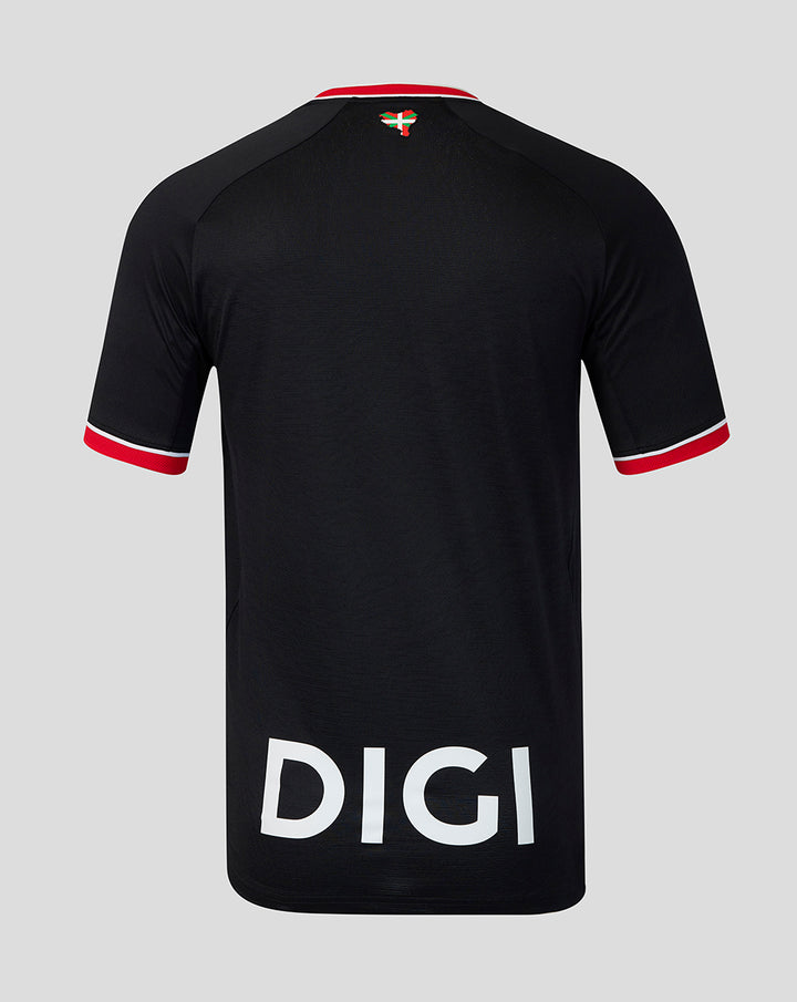 Back view of black Away Pro short sleeve shirt with red collar trim and large white DIGI lettering at the lower back, crest near the neck.