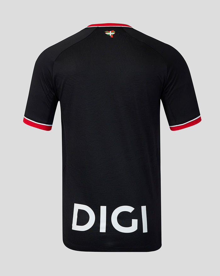Back view of black Away Pro short sleeve shirt with red collar trim and large white DIGI lettering at the lower back, crest near the neck.