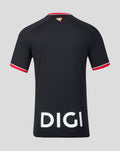 Back view of black away short sleeve soccer jersey with red collar trim crest at the neck and large DIGI on the lower back