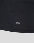 Close-up of black Away short sleeve shirt fabric with the AERTEK logo