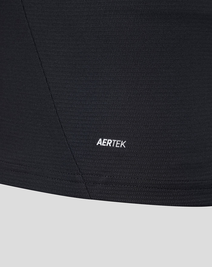 Close-up of black Away short sleeve shirt fabric with the AERTEK logo