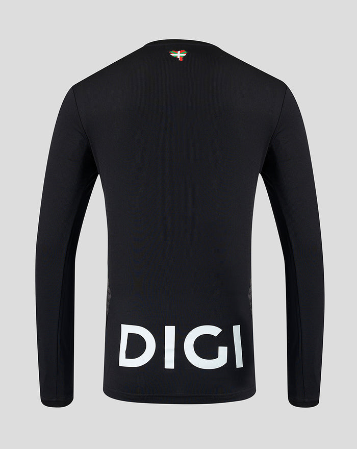 Back view of black long sleeve goalkeeper shirt with Basque flag at nape and large DIGI logo at lower back.