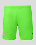 Neon green away goalkeeper shorts with club crest on left leg.