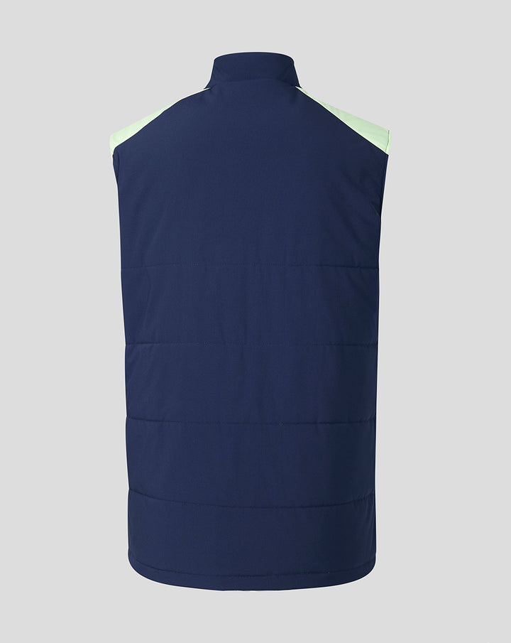 Back view of navy performance gilet with lime shoulder panels and horizontal quilting