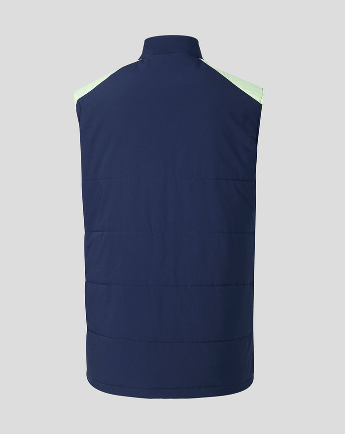 Back view of navy performance gilet with lime shoulder panels and horizontal quilting