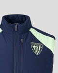 Navy performance gilet with mint shoulder panels and a left chest crest.