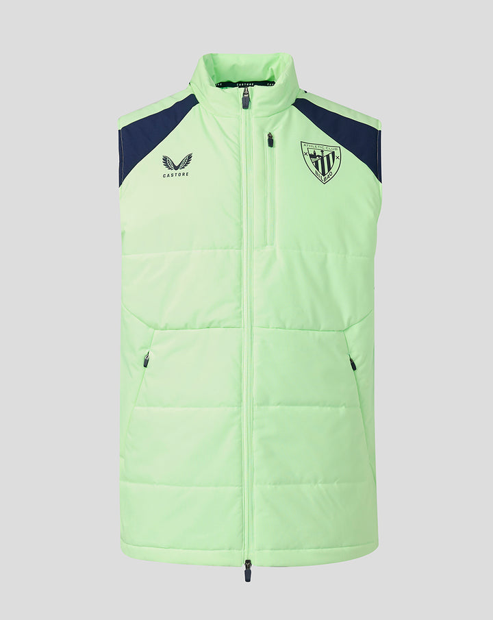 Front view of neon green unisex performance gilet with navy shoulder panels and left chest club crest