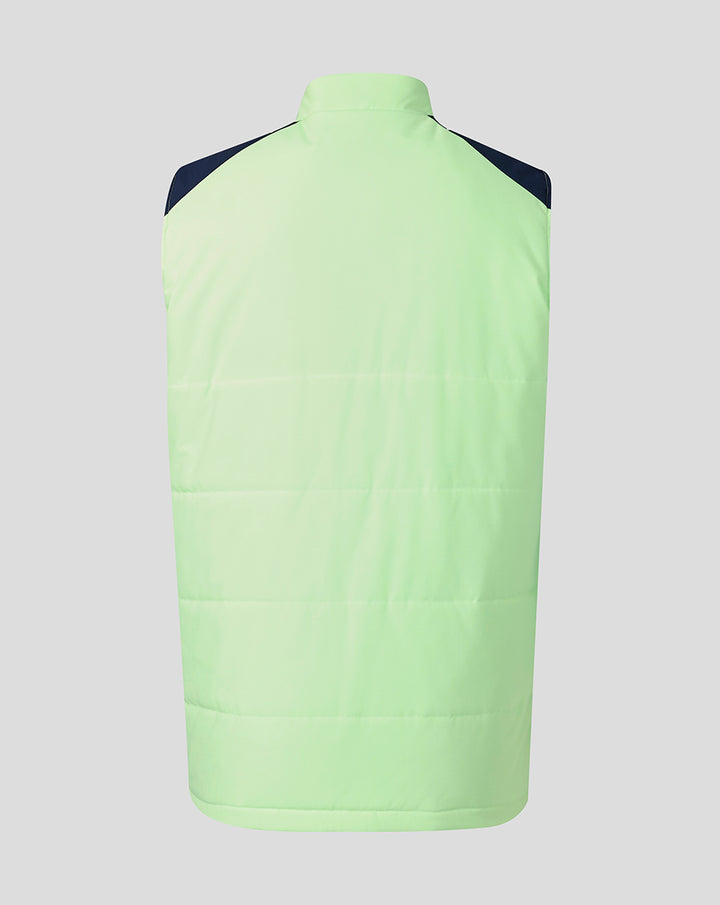Back view of neon green unisex performance gilet with navy shoulder panels and high collar