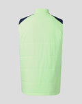 Back view of neon green unisex performance gilet with navy shoulder panels and high collar