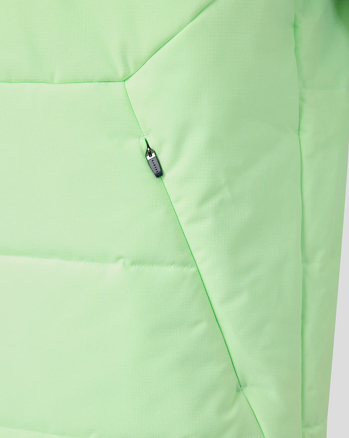 Neon green performance gilet side pocket with zipper and angular paneling