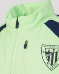 Close up of neon green performance gilet showing front zipper and crest on the chest
