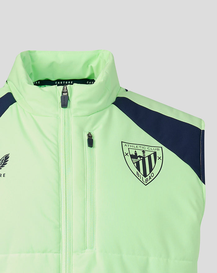 Neon green unisex performance gilet with navy shoulder panels and a chest crest emblem