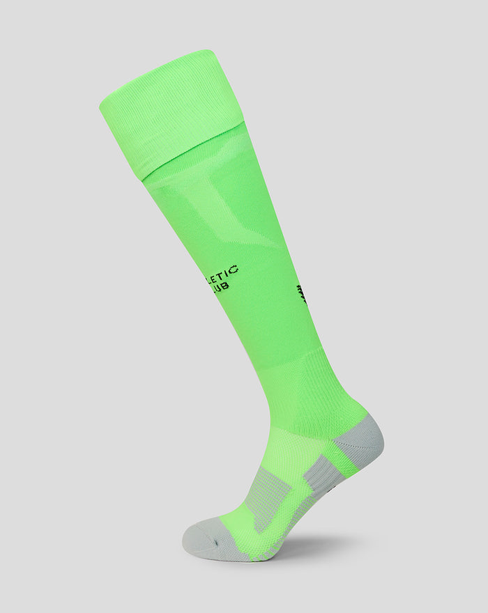 Bright green goalkeeper sock with grey heel and toe and Athletic Club branding along the leg