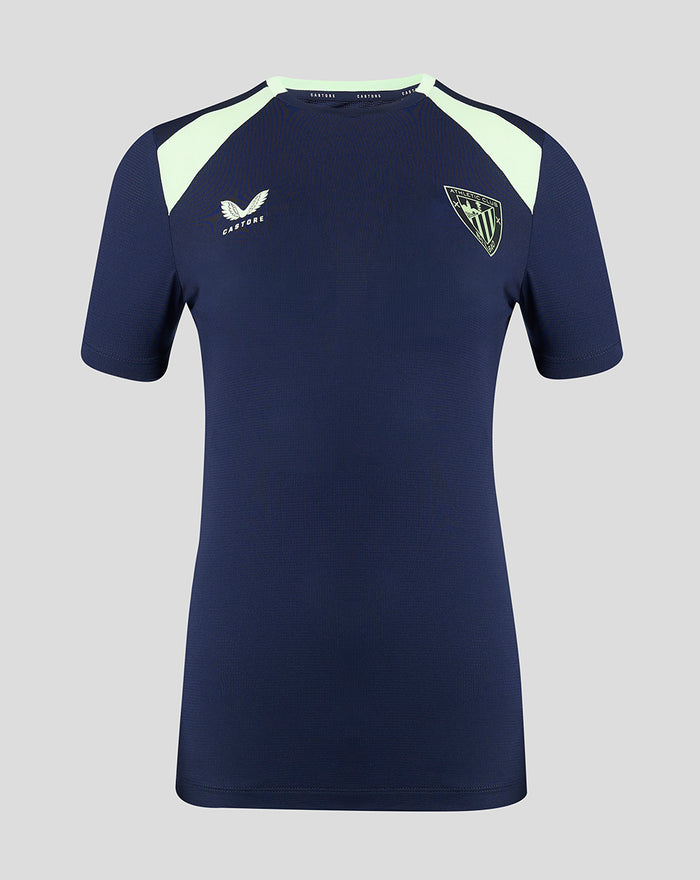 Front view of navy performance short sleeve tee with mint shoulder panels and club crest.