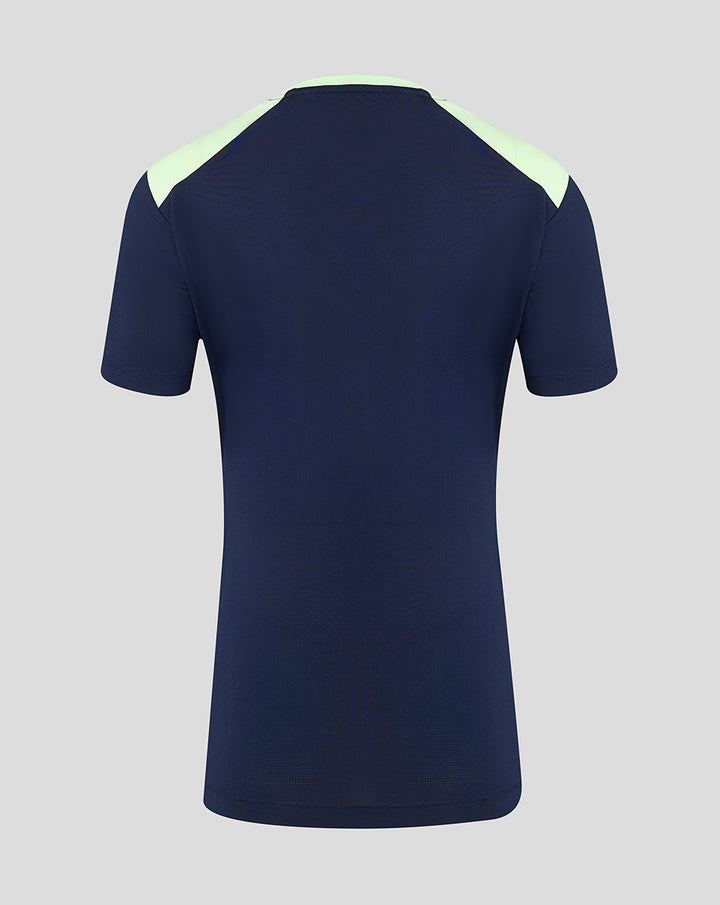 Back view of navy performance short sleeve tee with mint shoulder panels.