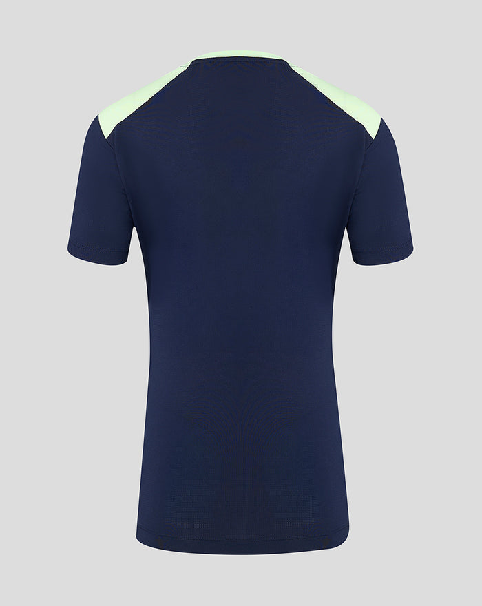 Back view of navy performance short sleeve tee with mint shoulder panels.