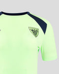 Neon lime short sleeve performance tee for women with navy shoulder panels and crest logo