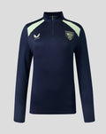 Navy performance midlayer top with light lime shoulder panels and quarter zip front on a neutral gray background