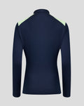 Back view of a navy women’s performance midlayer with pale mint shoulder panels.