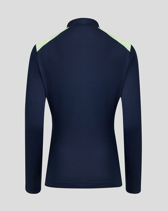 Back view of a navy women’s performance midlayer with pale mint shoulder panels.