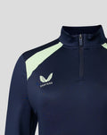 Navy women’s midlayer with mint shoulder panels and a short zip at the collar plus a chest logo.