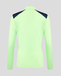 Back view of neon green performance midlayer top with dark navy shoulder panels.